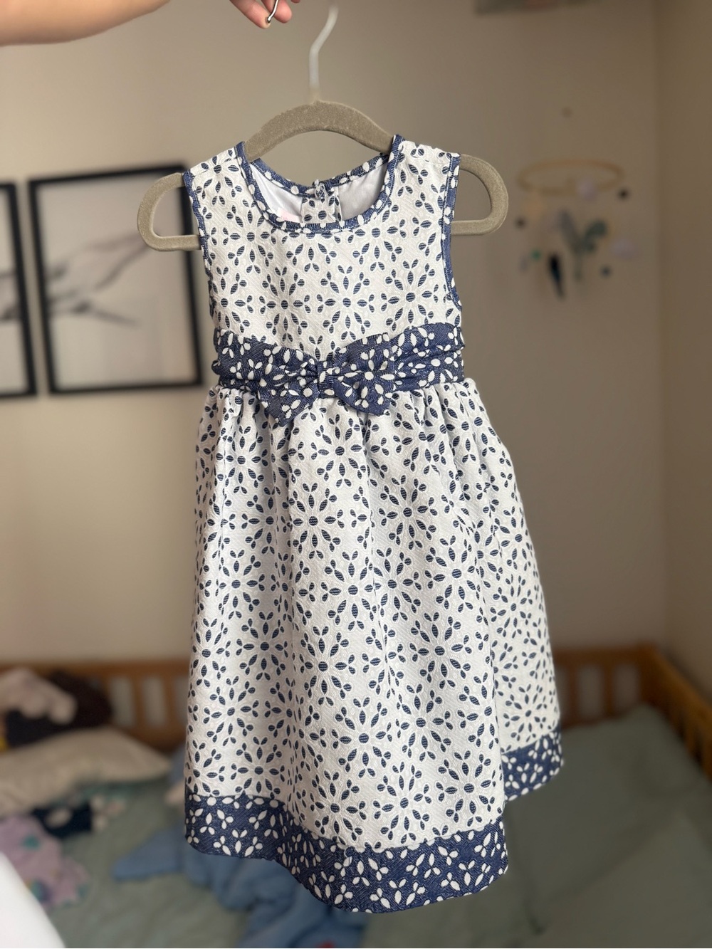 White and Navy Floral Eyelet Party Dress for Girls
